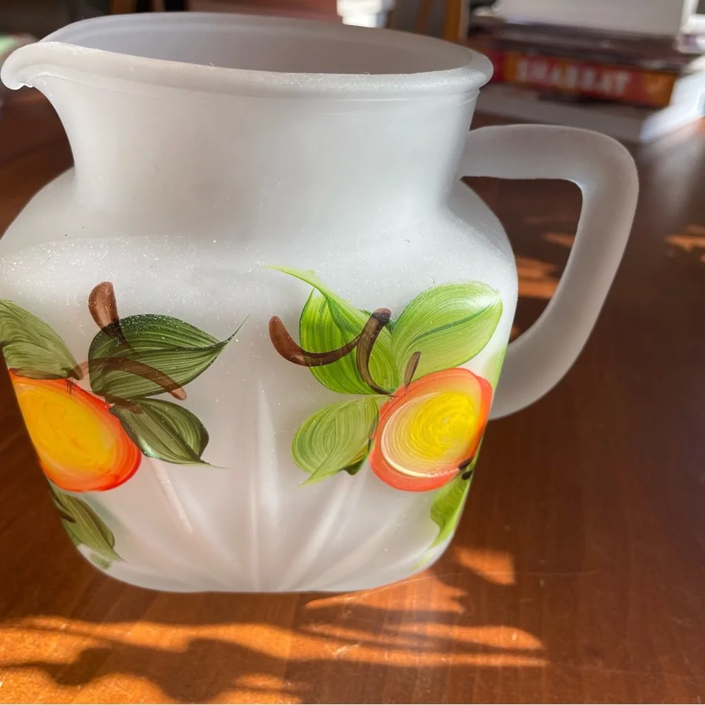 Vintage Orange Juice Satin Glass Pitcher & Six Matching Glasses